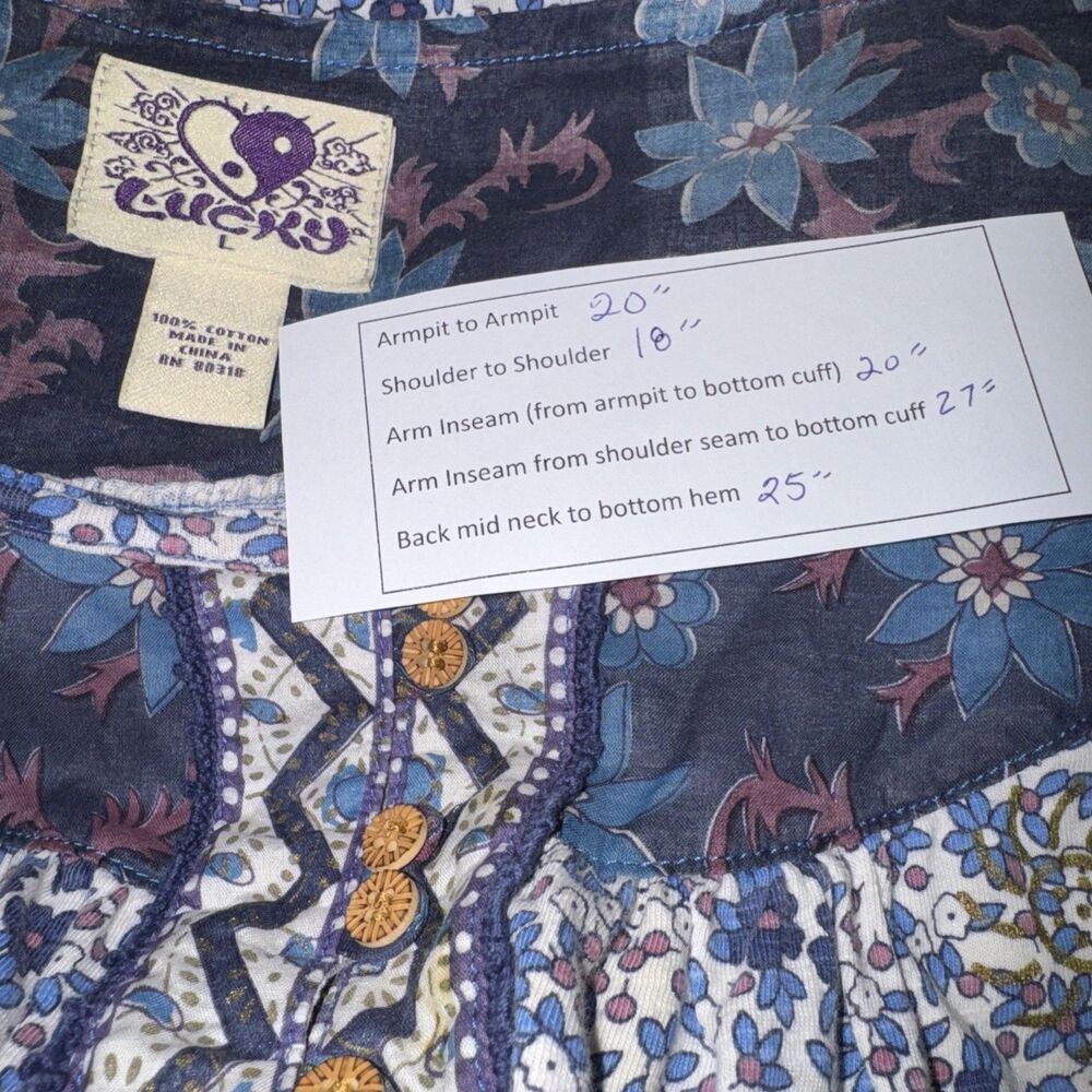 Lucky Brand Peasant Blouse Top L Blue Floral Boho Whimsy Fairy Cottage Y2K Ditsy - Picture 8 of 11